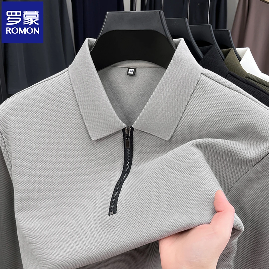 Romon/罗蒙拉链翻领男长袖t恤衫POLO衫时尚休闲卫衣修身商务百搭