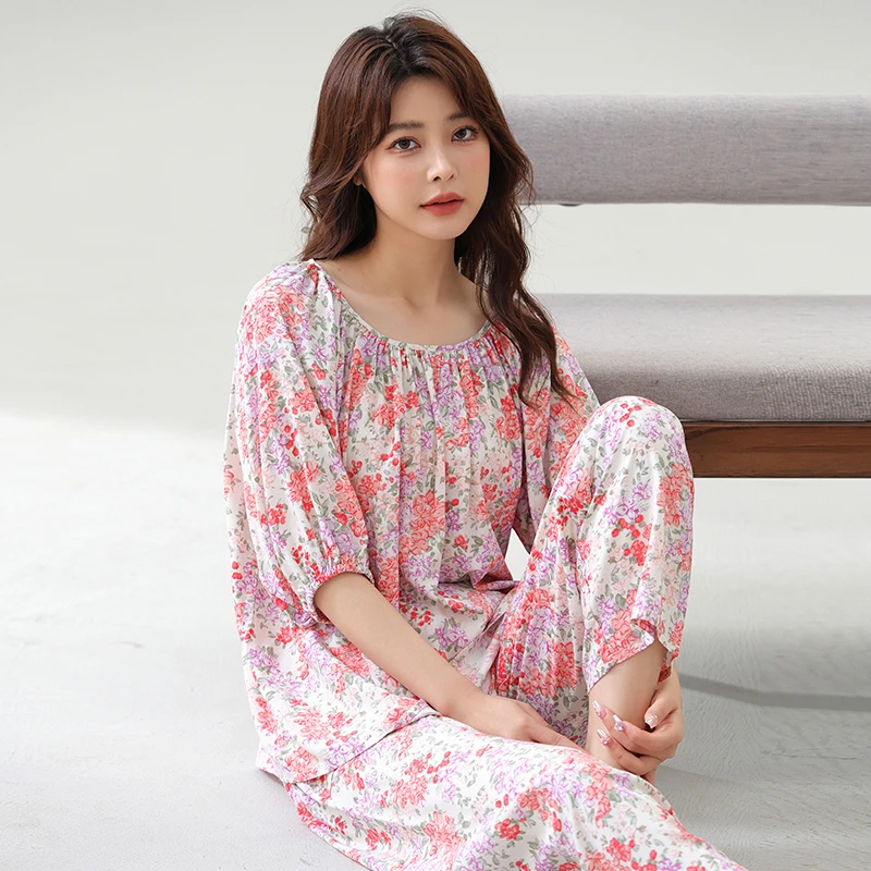 新款夏季绵绸睡衣女中袖家居服时尚洋气薄款夏天空调服两件套