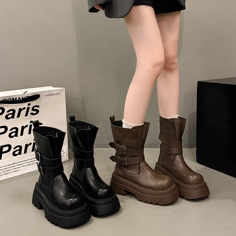 马丁靴女2025新款秋冬复古美拉德棕色靴子两穿中筒靴增高厚底短靴