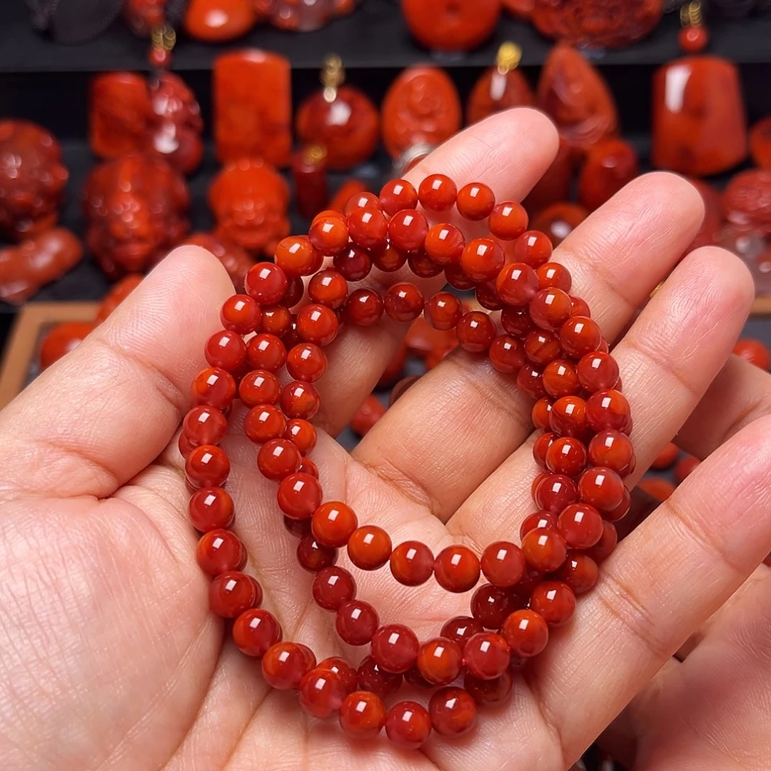 南红玛瑙未镶嵌配饰牛血柿子双色火焰纹圆珠长串6.5mm