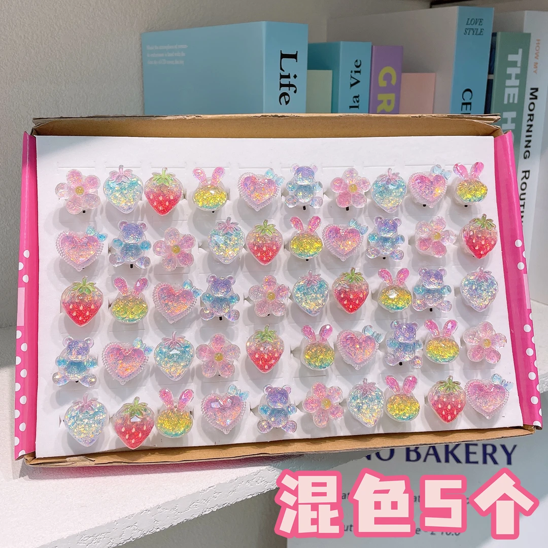 A-6253 tn 混色5个不同款花朵草莓爱心儿童带灯戒指 发圈