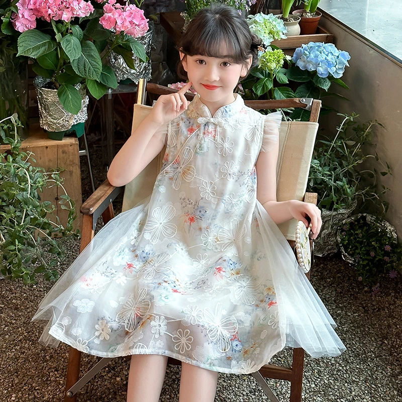 女童旗袍夏季碎花夏款中大童绣花古装古风气质复古薄款小女孩