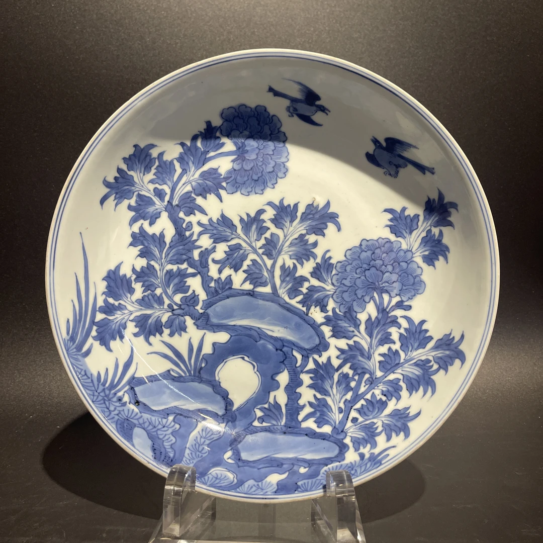 C-A0905322 清早期  青花花鸟纹赏盘   高度5.3直径27.3
