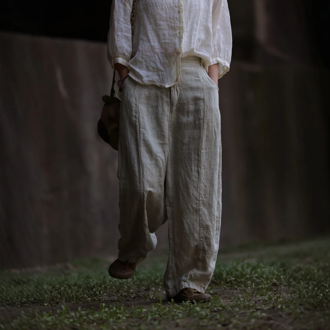 衣路走来原创设计2025薄款麻本色百搭口袋休闲裤38835