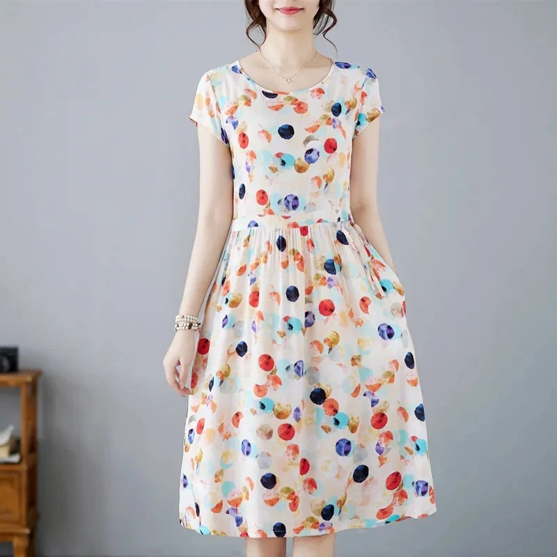 短袖连衣裙女夏2025新款印花时尚收腰遮肉显瘦圆领过膝中长款裙子