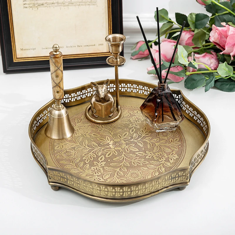 黄铜手工茶盘点心盘复古奢华茶几餐厅水果盘卧室香薰托盘