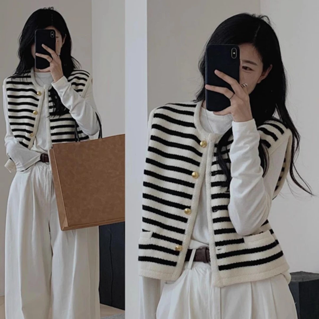 小香风黑白条纹无袖针织马甲外套女春秋开衫外搭外穿毛衣马夹背心