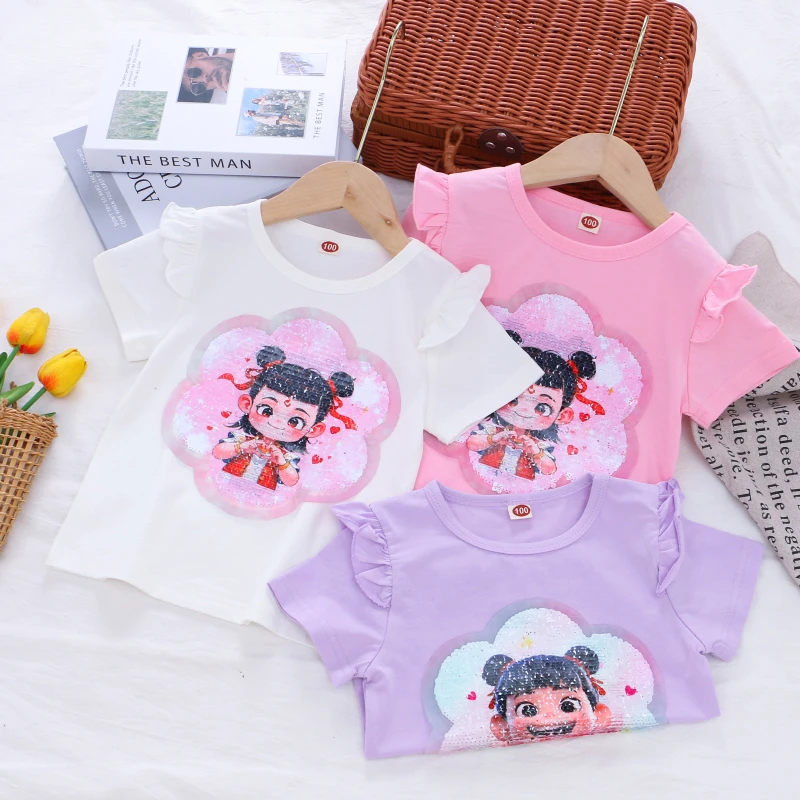 女童纯棉变色亮片哪吒敖丙短袖t恤25夏款小女孩宝宝儿童半袖上衣