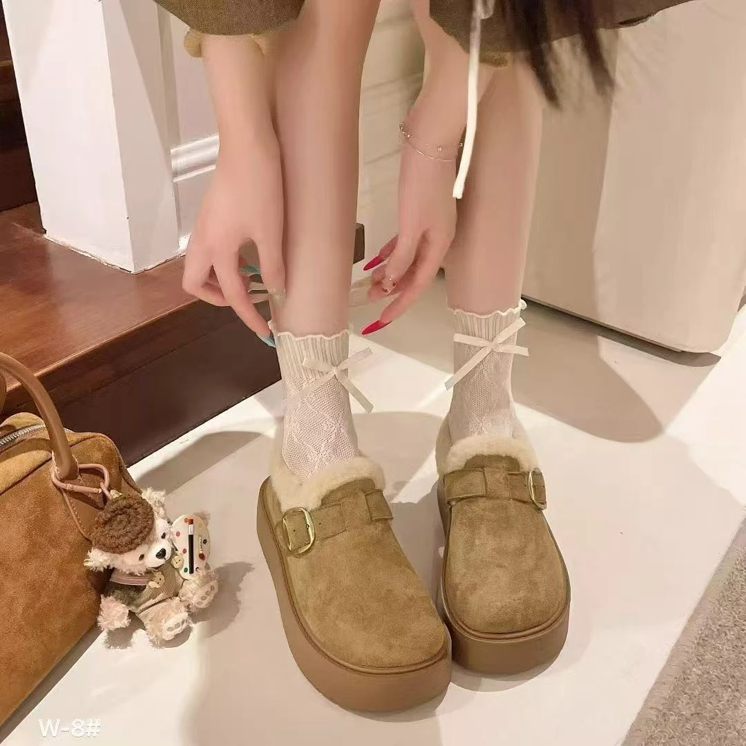 晶晶家勃肯鞋女冬季加绒保暖厚底一脚蹬毛毛鞋复古棉鞋W-8
