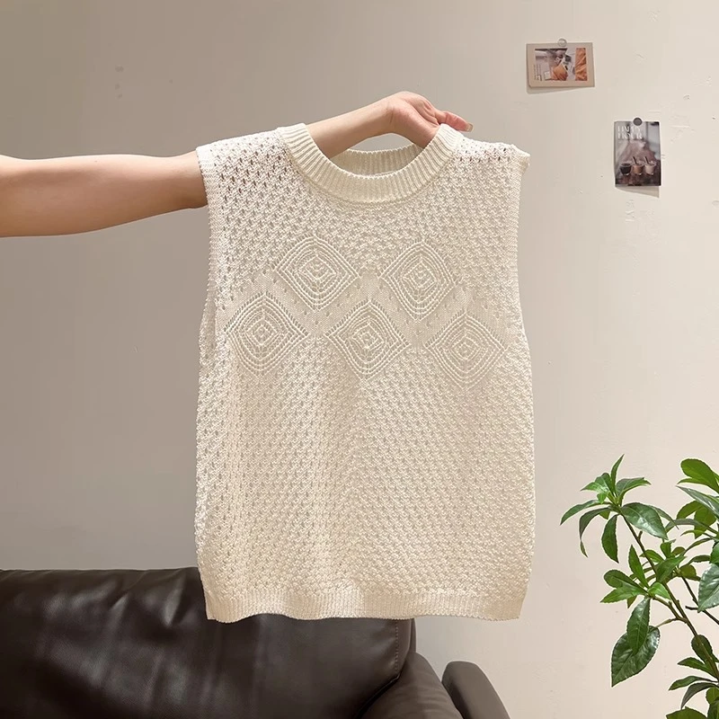 纯色钩花镂空圆领吊带背心女2025新款设计感百搭气质宽松显瘦上衣