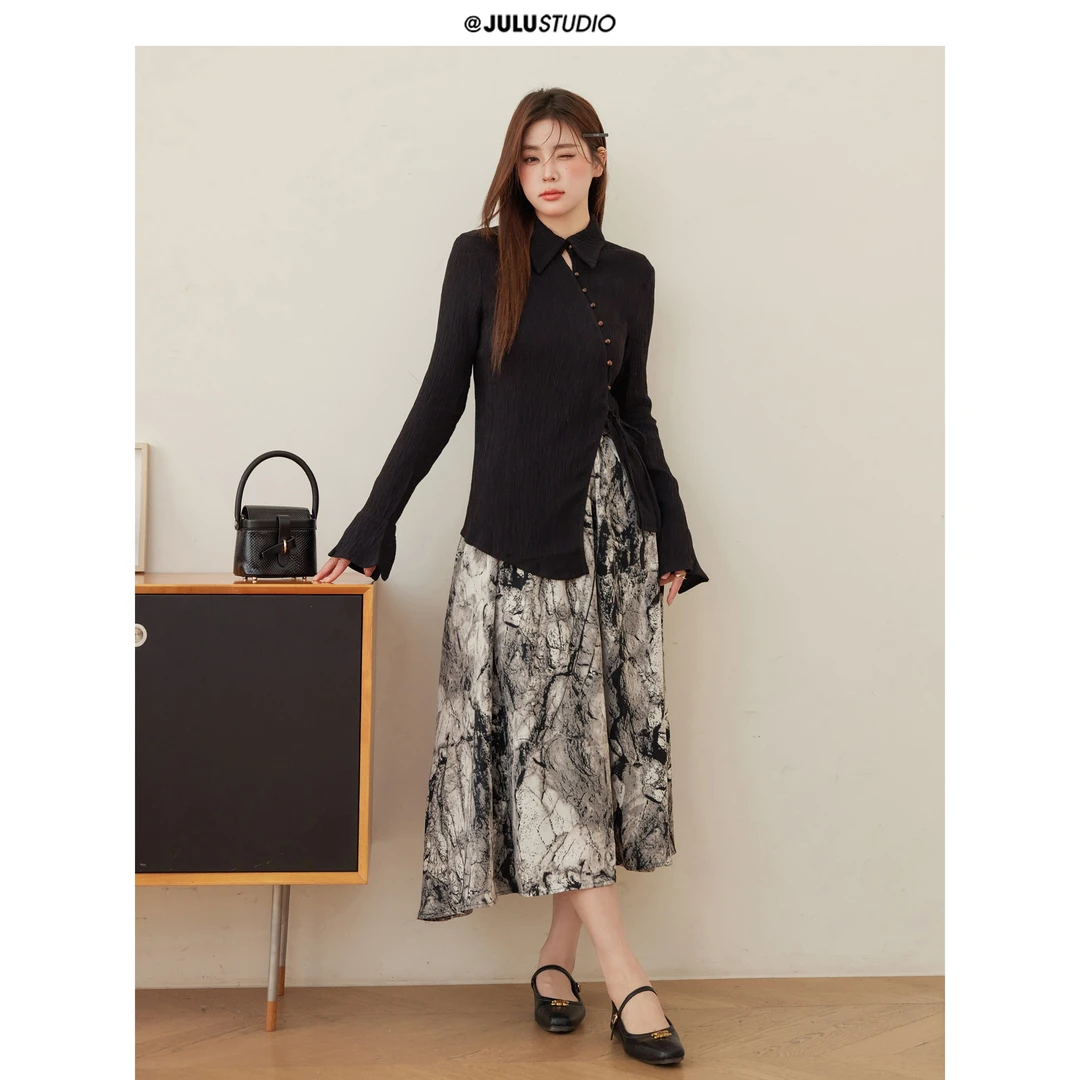 巨鹿工作室“小众新中式”微胖mm复古盘扣V领衬衫中长水墨半身裙