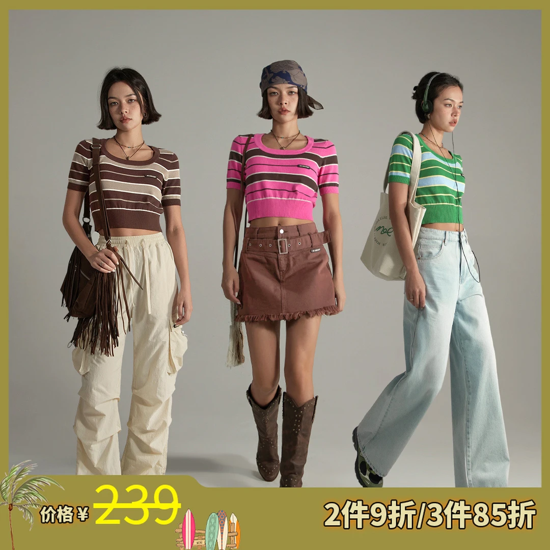 NO ONE ELSE美式复古女装琥珀流光条纹撞色修身夏季方领针织衫