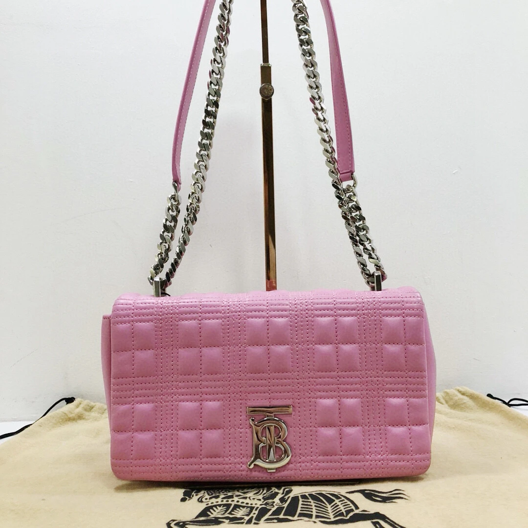 95新 BURBERRY/博柏利 巴宝莉全皮粉色TB扣lola链条单肩斜挎包