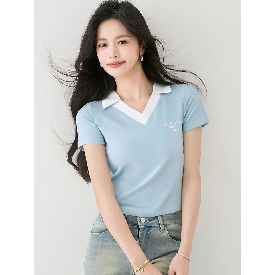 时尚洋气撞色V领短袖T恤女夏装2025年新款设计感百搭印花女士上衣