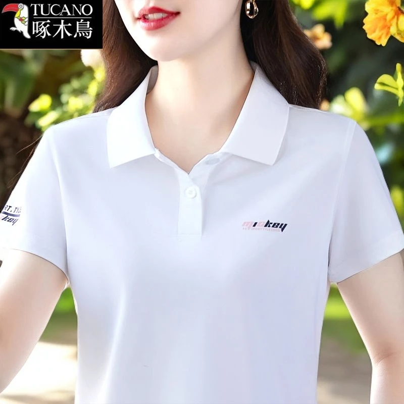 啄木鸟翻领纽扣POLO衫印花短袖夏季T恤女2025年新款显瘦大码上衣