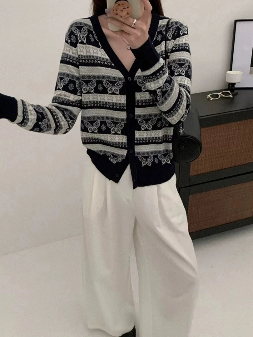 6397九炫轻奢新款气质时尚条纹撞色宽松长袖开衫
