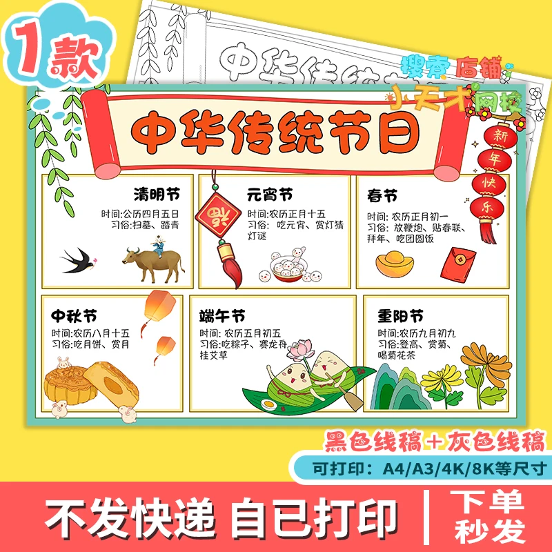 中国传统节日手抄报电子小学生节日习俗文化思维导图读书卡e489