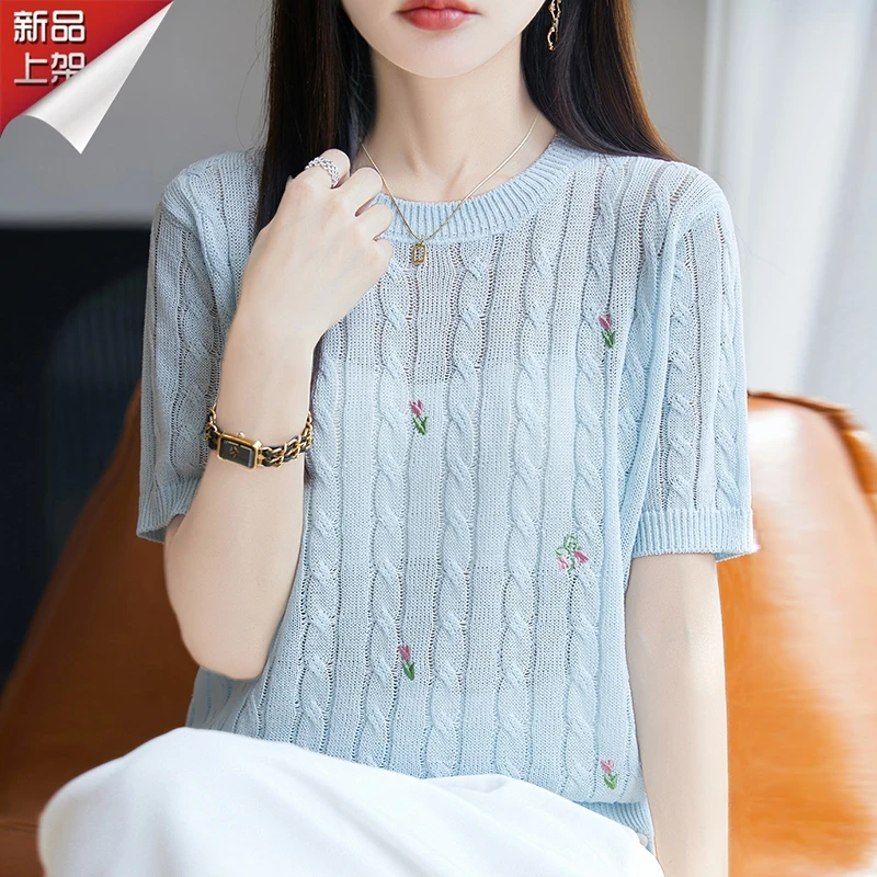 品牌2025夏季奥莱新款刺绣镂空圆领针织衫女百搭洋气显瘦提花体恤