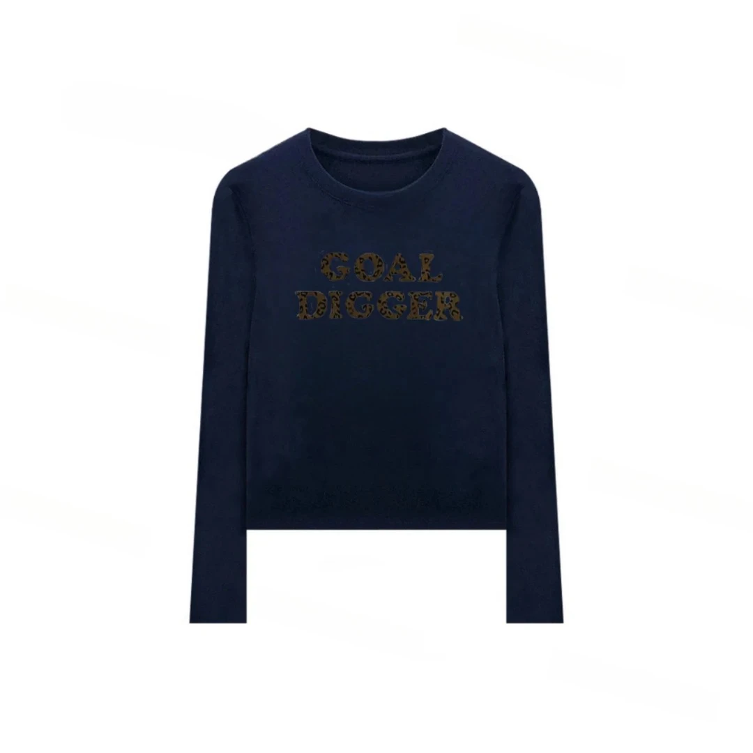 【植绒豹纹】设计感植绒字母T恤印花修身显瘦长袖上衣女