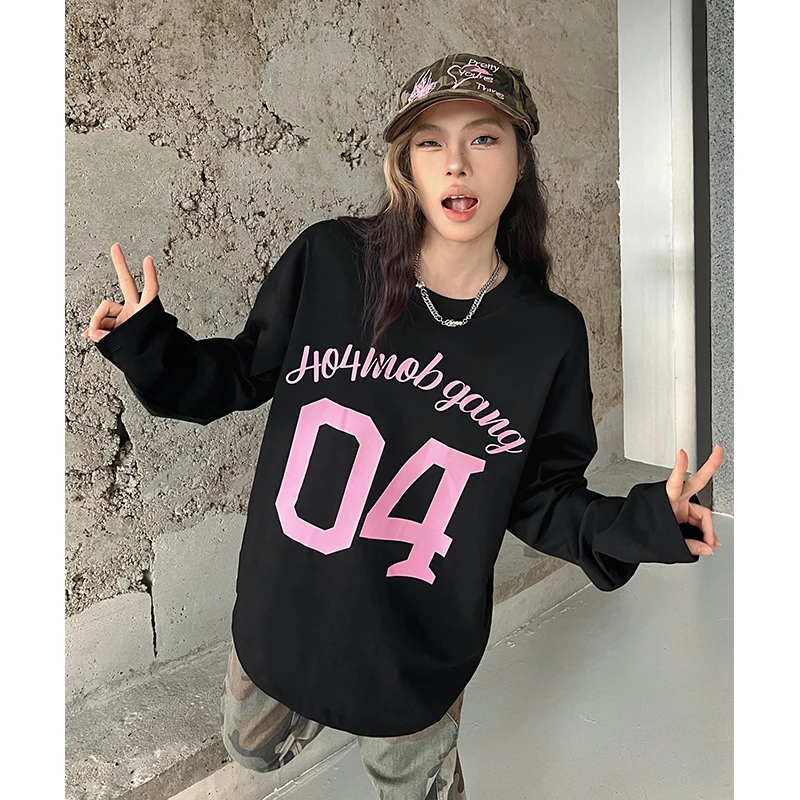 404MOB运动风数字印花长袖T恤男美式重磅圆领套头宽松休闲上衣春