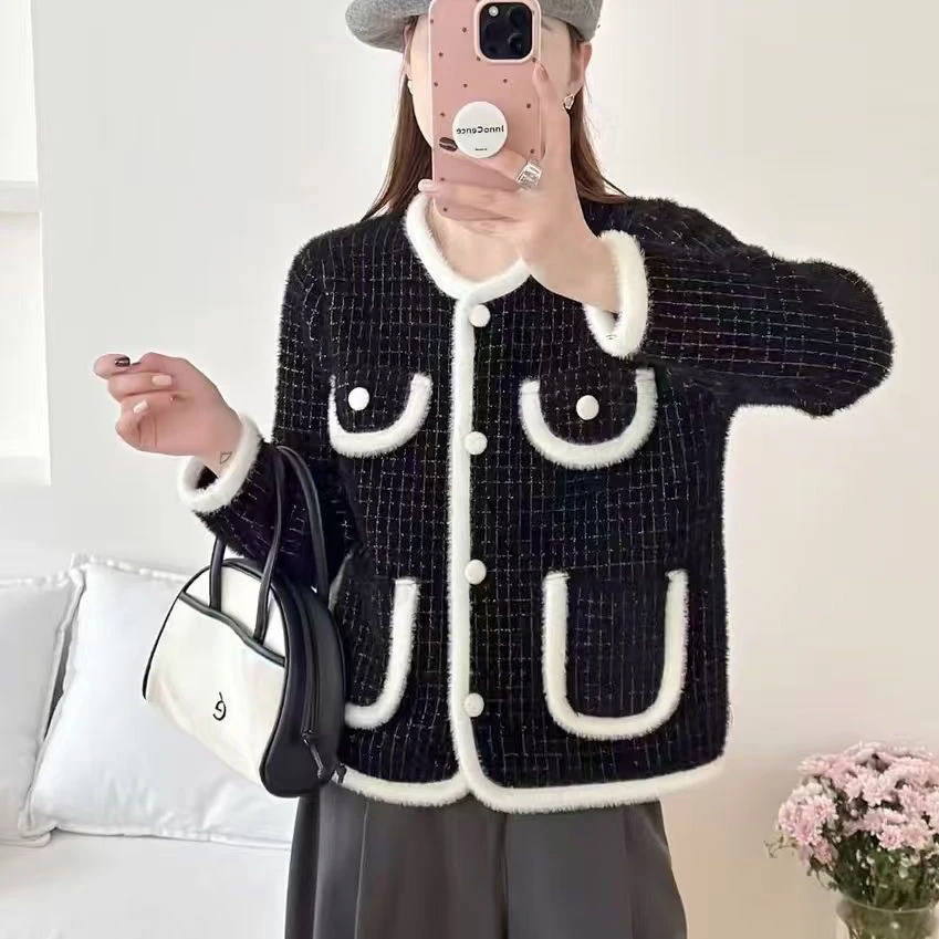 2512-新款2025小香风格子仿貂绒外套宽松显瘦针织开衫女上衣DY1