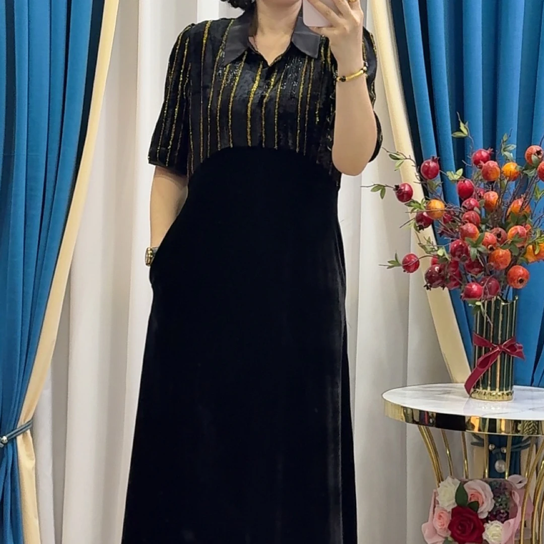 35款黑色高端丝绒中长款秋季时尚气质连衣裙
