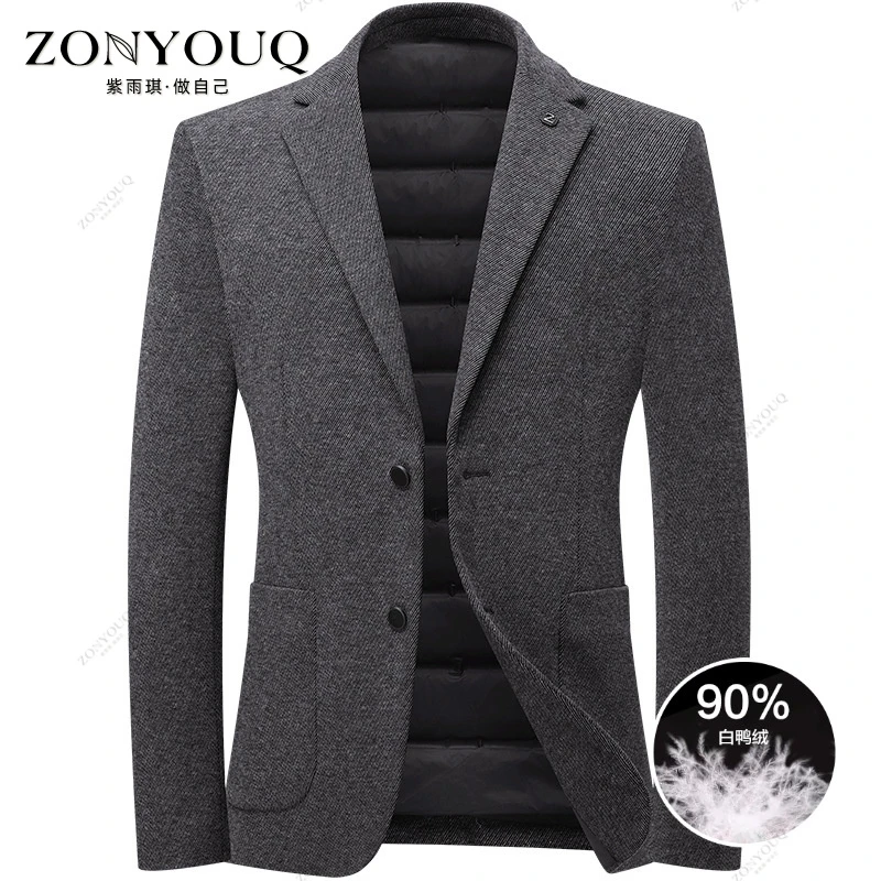 羽绒西服男士秋冬羊毛时尚商务休闲保暖高级西装韩版修身百搭外套