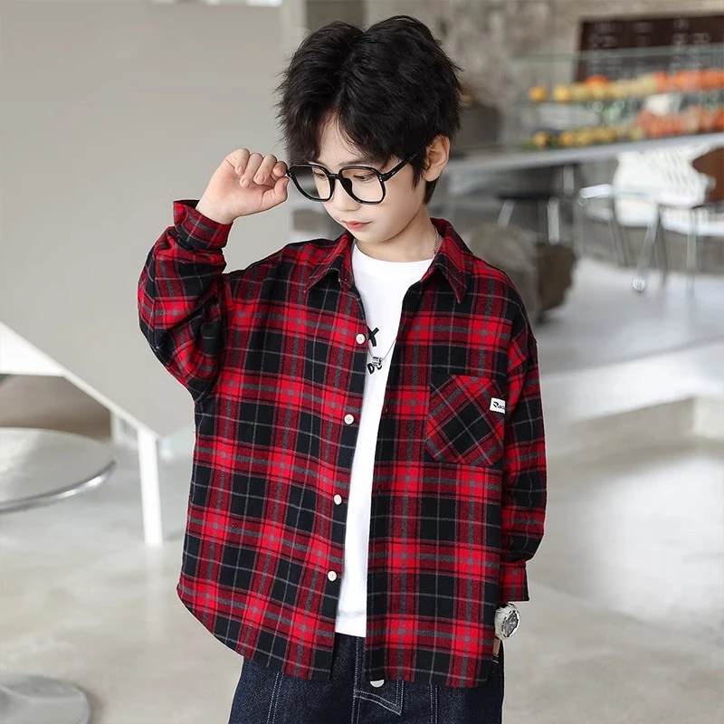 男童男孩长袖格子衬衫儿童棉质外穿衬衣春秋装新款中大童男童外套