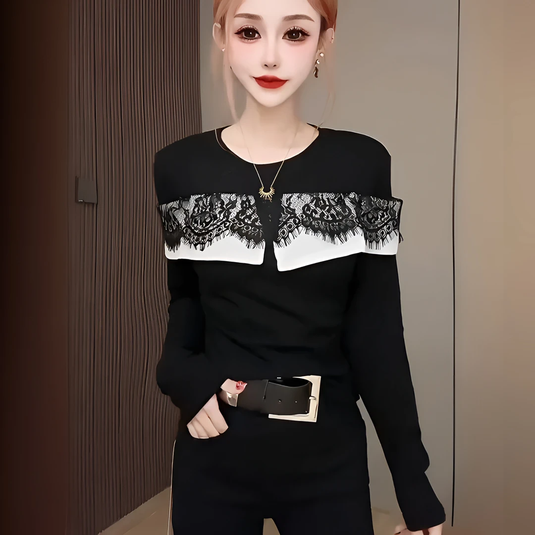 2025年秋冬新款法式黑色蕾丝拼接打底衫百搭时尚显瘦气质长袖T恤