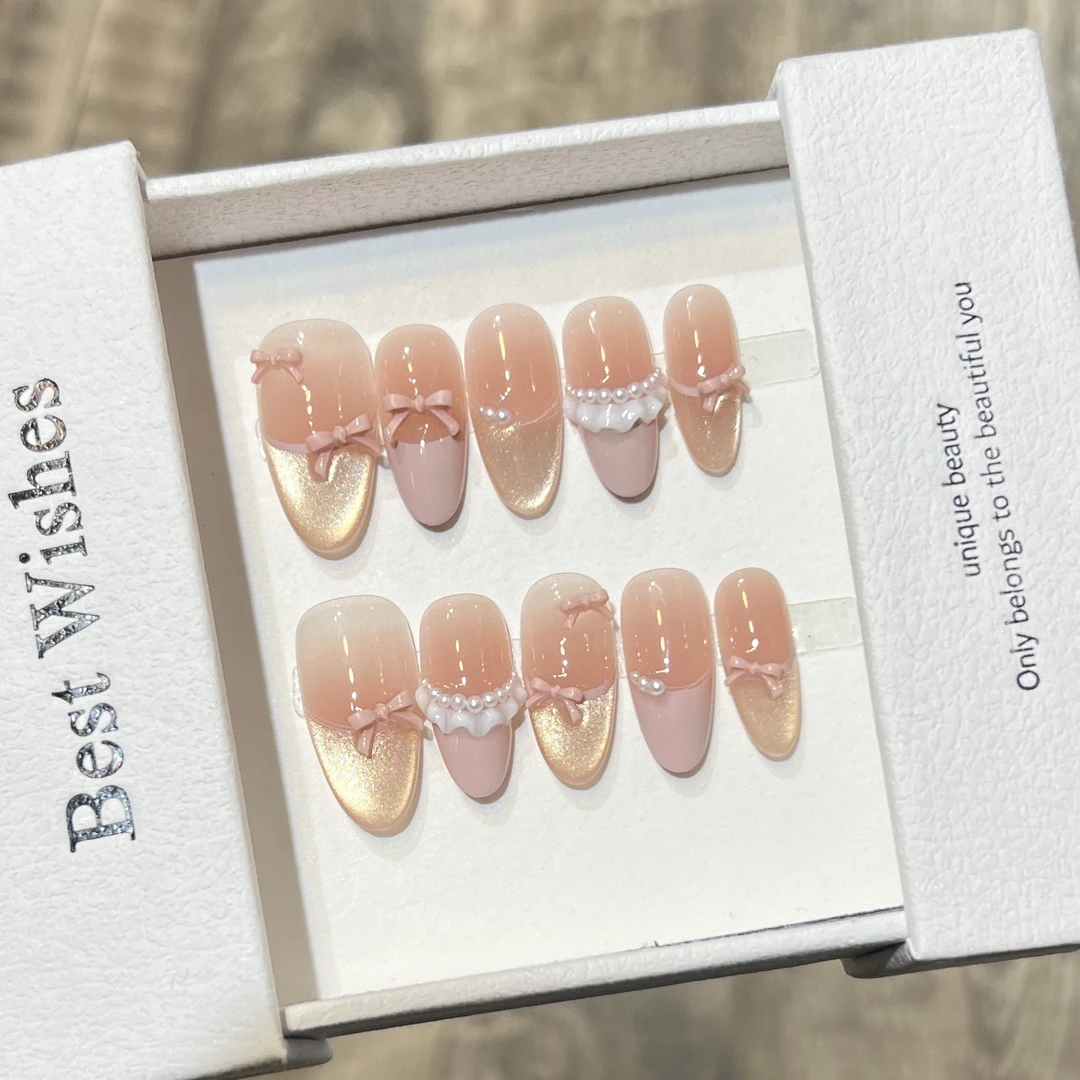 春夏新款手工穿戴甲小清新可爱腮红美甲猫眼法式裙边蝴蝶结可拆卸