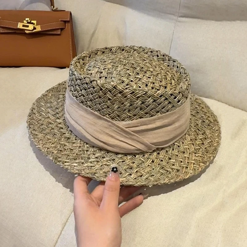 高端定制!老钱感夏季咸水草编亚麻缎带礼帽女度假平顶草帽轻奢帽
