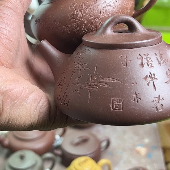 紫砂茶壶原矿全手工刻绘笑樱220cc紫泥刻绘子冶石瓢200cc套组