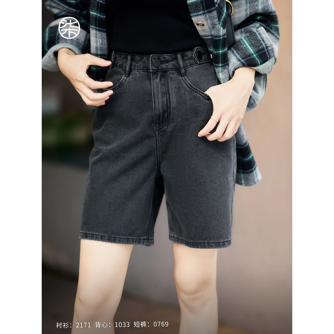 0769柒量一裁小个子黑色百慕大直筒高腰牛仔短裤休闲慵懒风裤子女