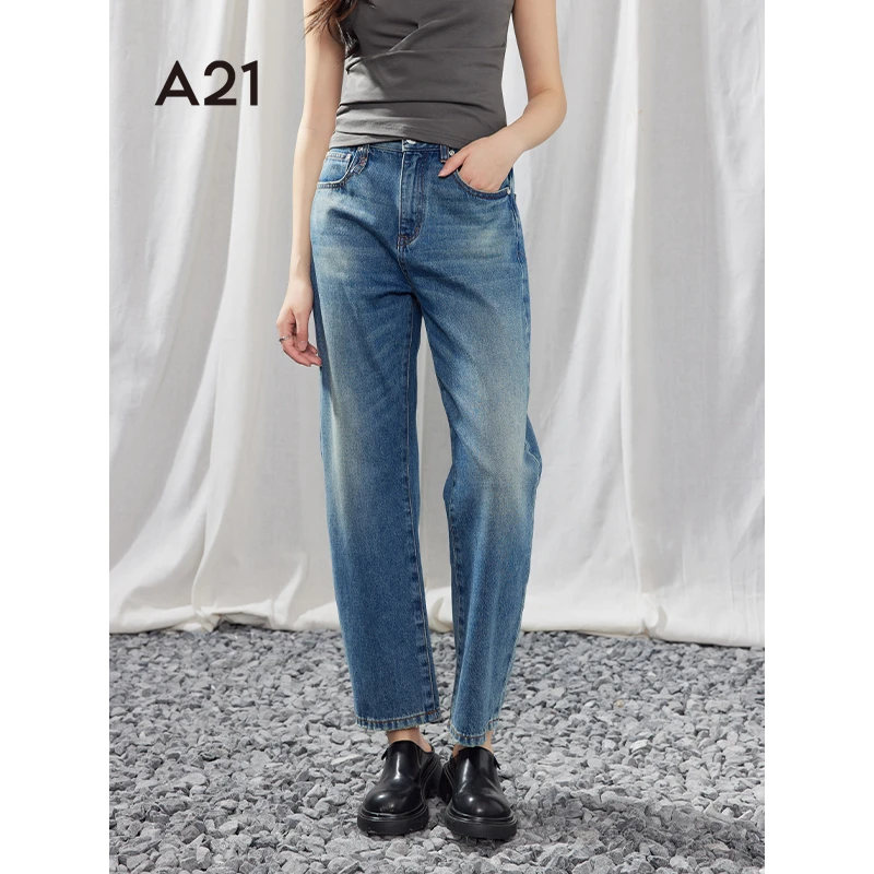 A21女装复古宽松中腰直筒牛仔裤F451226012
