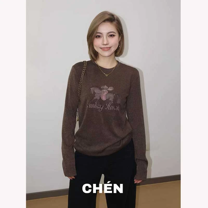 【木马打底】晨总自制休闲秋冬圆领保暖宽松百搭长袖T恤内搭女