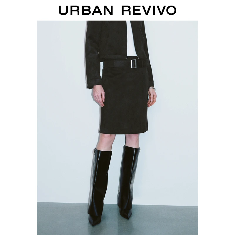 UR2025春季新款女装欧若风都市通勤腰带装饰直筒半裙UWJ550015