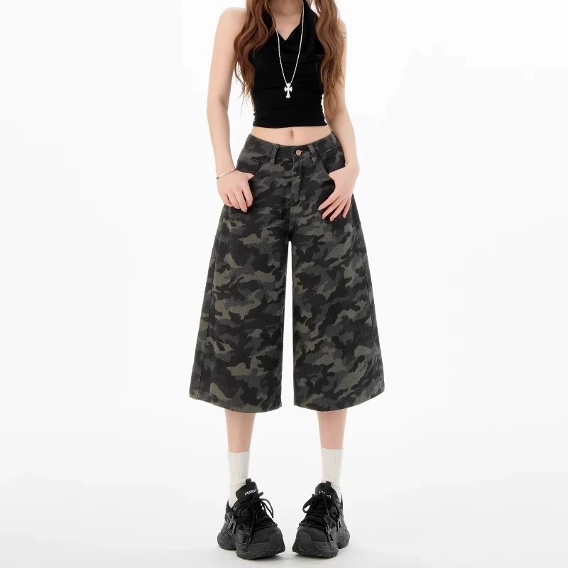 雪千羽美式复古迷彩七分牛仔短裤女夏薄新款宽松直筒阔腿工装中裤