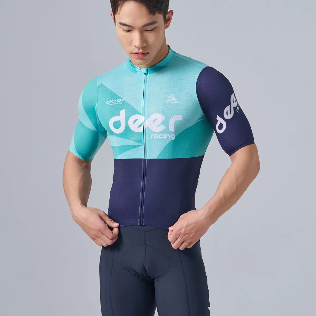 鹿小鹿专业自行车服装公路自行车男子夏季短袖自行车透气轻顶青色