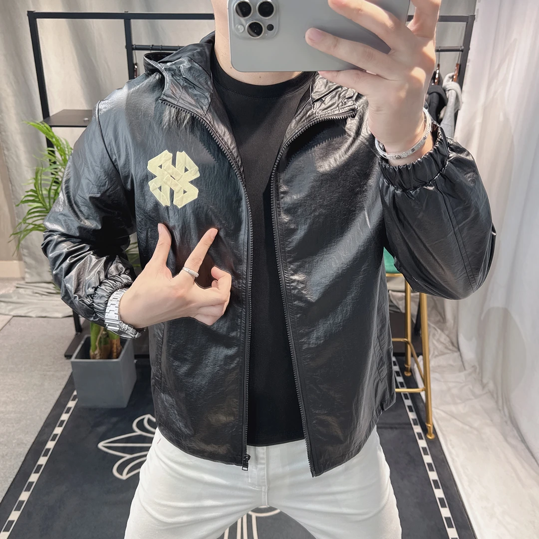 欧洲站高端连帽夹克外套男春秋潮牌帅气时尚薄款字母印花黑色外套