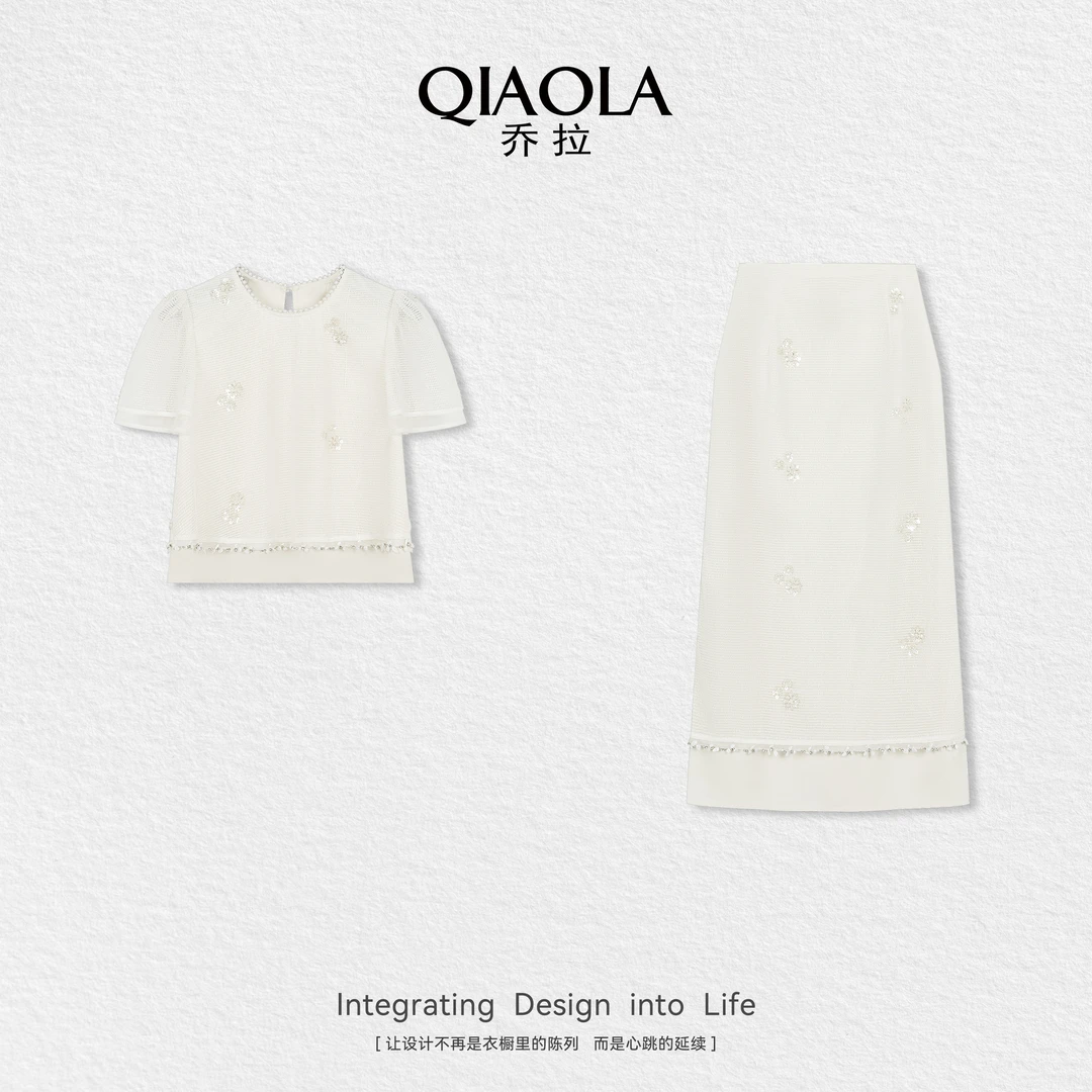 QIAOLA/乔拉【月光宝石】夏新款梭织网布圆领设计百搭时尚套装预售