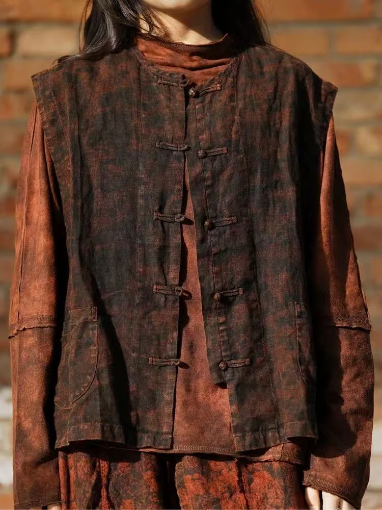 麻衣者秋无袖植物染亚麻盘扣背心长62