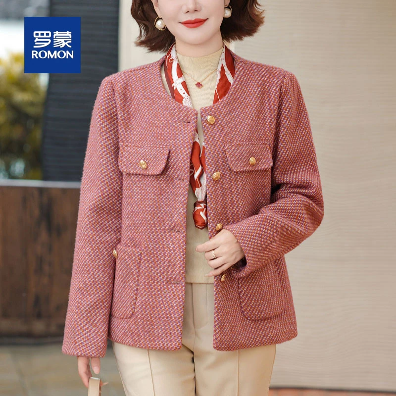 罗蒙妈妈装秋冬新款小香风外套中老年女装时尚阔太太毛呢上衣短款