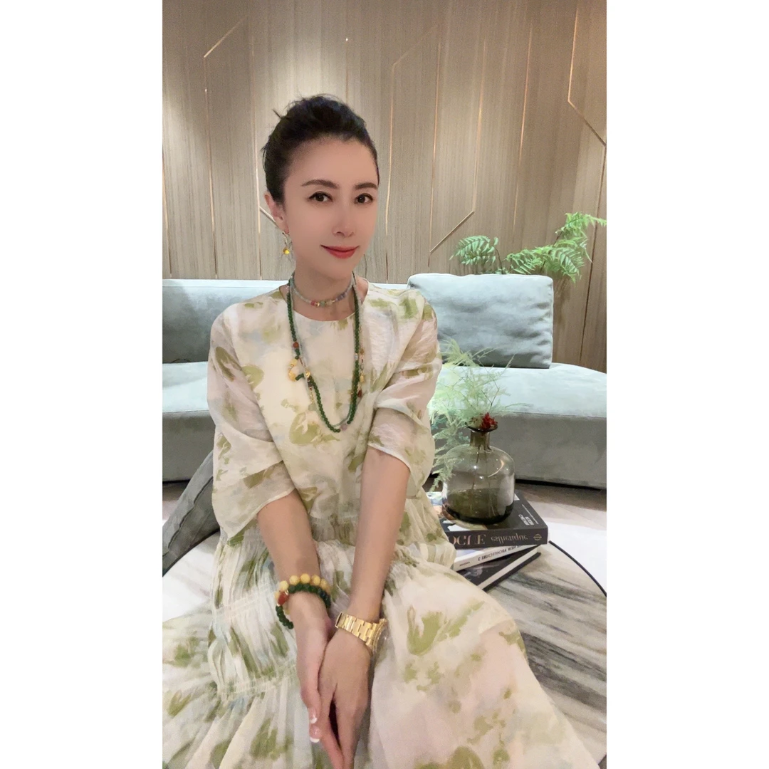 VV&AA 清新淡雅 夏季休闲轻薄柔软亲肤天丝圆领短袖连衣裙VA8388