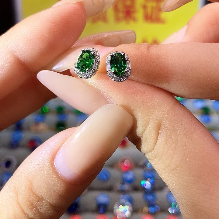 耳钉透辉石银S925镶嵌