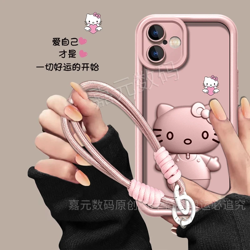 适用于【苹果16】爱自己香槟粉高颜值猫咪补妆镜支架手机壳防摔女款