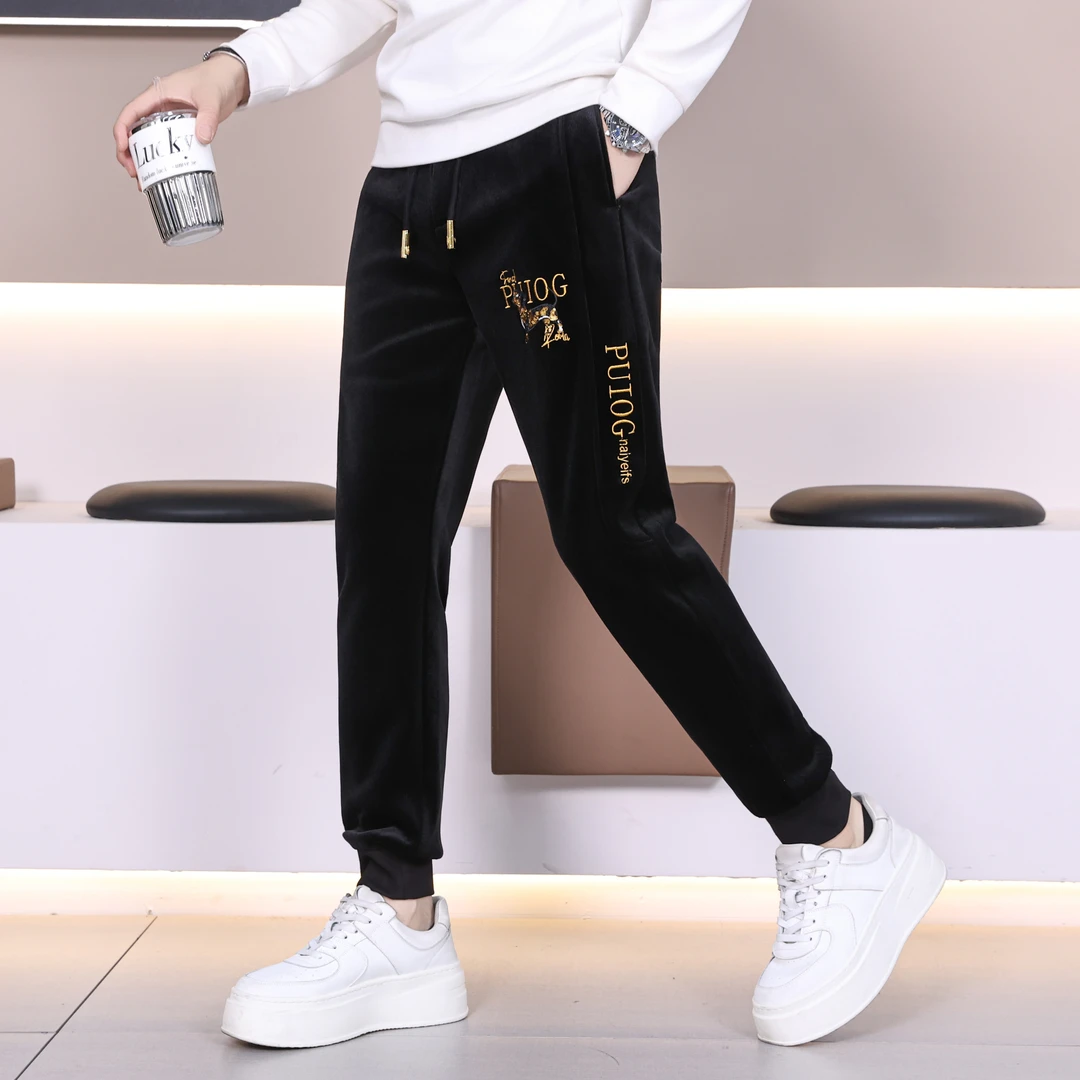 2025年冬季男士加绒加厚休闲裤时尚百搭潮流保暖修身运动刺绣狗