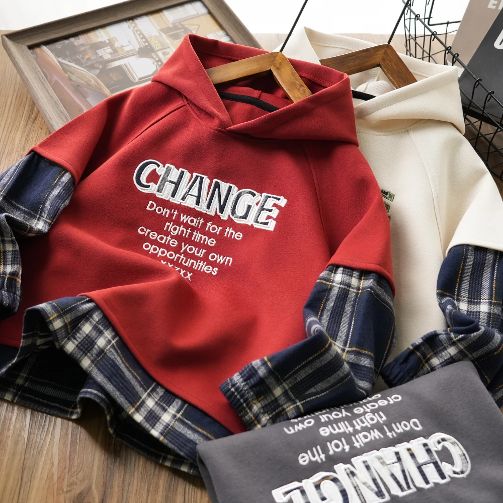 儿童男童秋季新款字母刺绣假两件时尚连帽卫衣中大童百搭26636