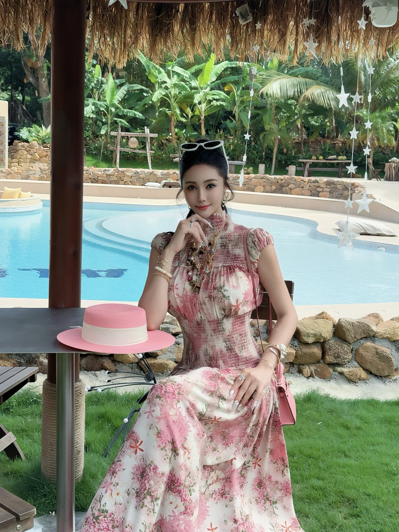 DOUWU【花花公主】黑粉两色褶褶砍袖高领拖地裙QZ13910