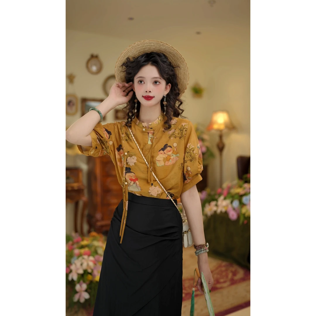 扣子家【梦回长安】复古夏季女款休闲衬衫小个子国风上衣KS1113382