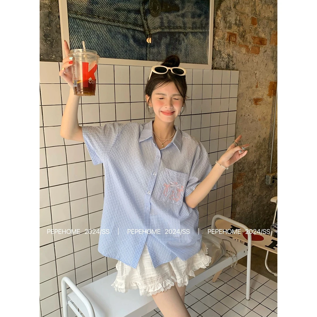 2025格子衬衫女可爱蝴蝶结刺绣短袖学院风polo领衬衣外套百搭